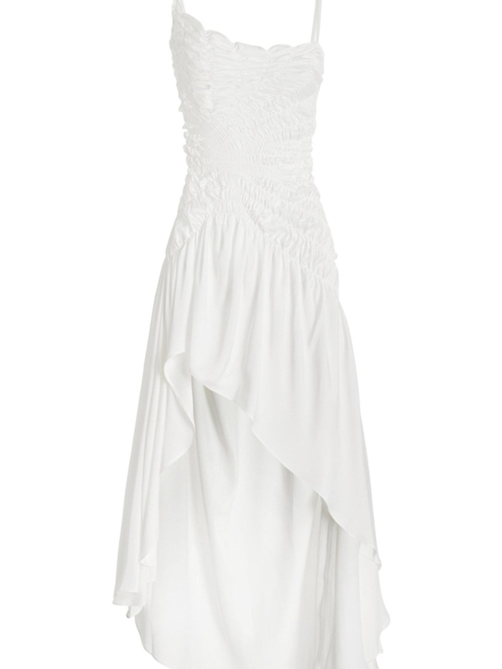 White Ruched Midi Dress with Asymmetric Ruffle